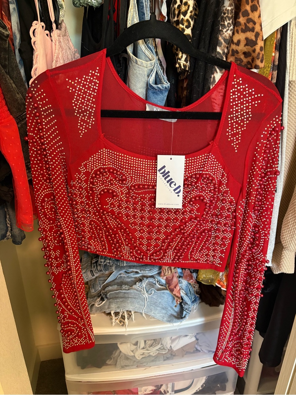 Blue B. Red Rhinestone Long-Sleeve Crop Top
